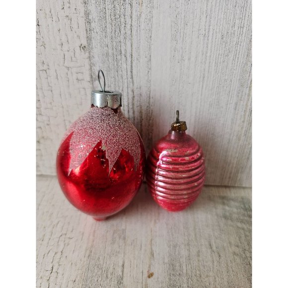 Vintage teardrop flocked red pink mercury glass ornament set Xmas tree - Picture 1 of 13